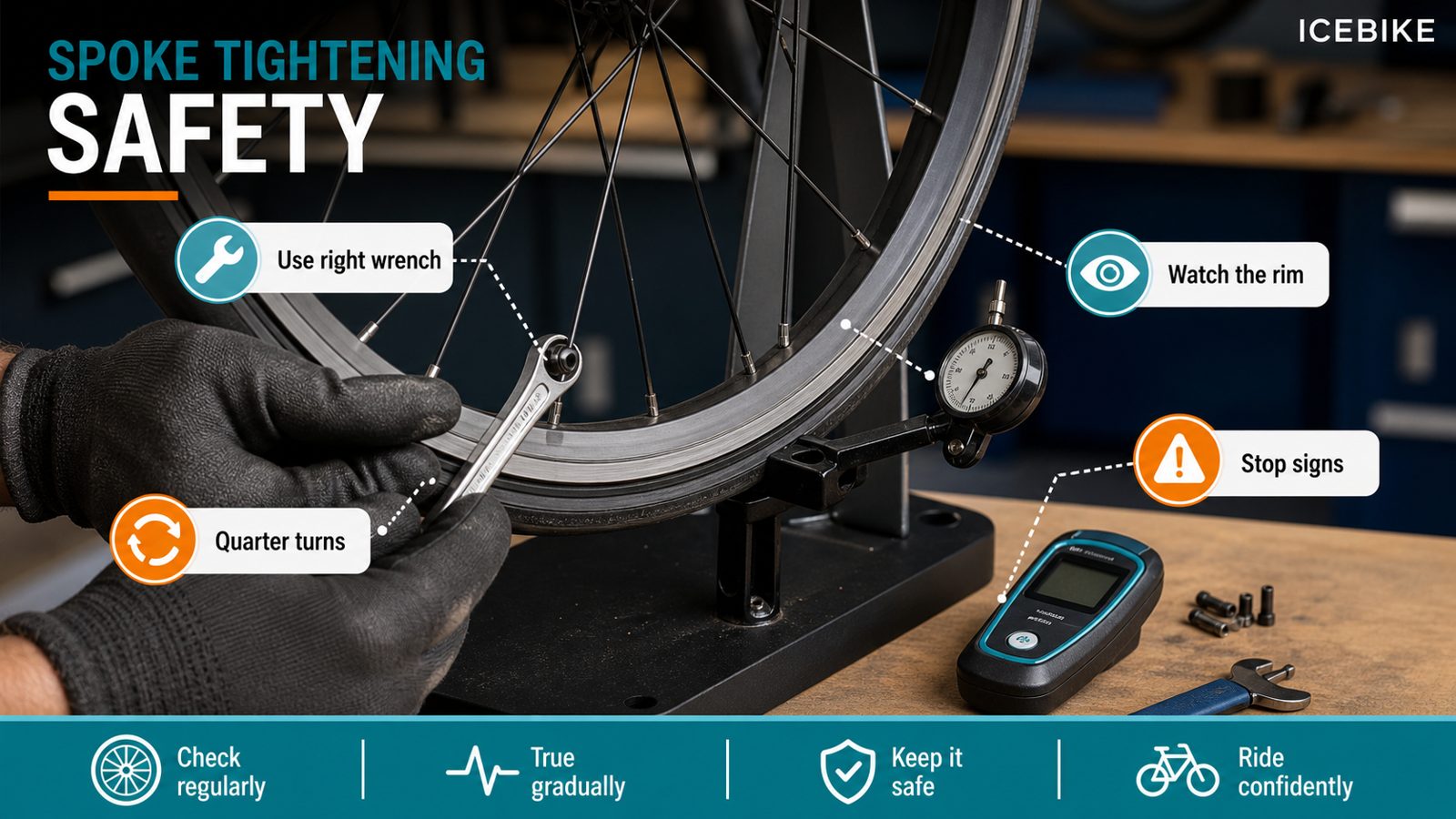 Bike spoke tightening safety visual showing correct wrench, small turns, wheel trueness, and stop signs.