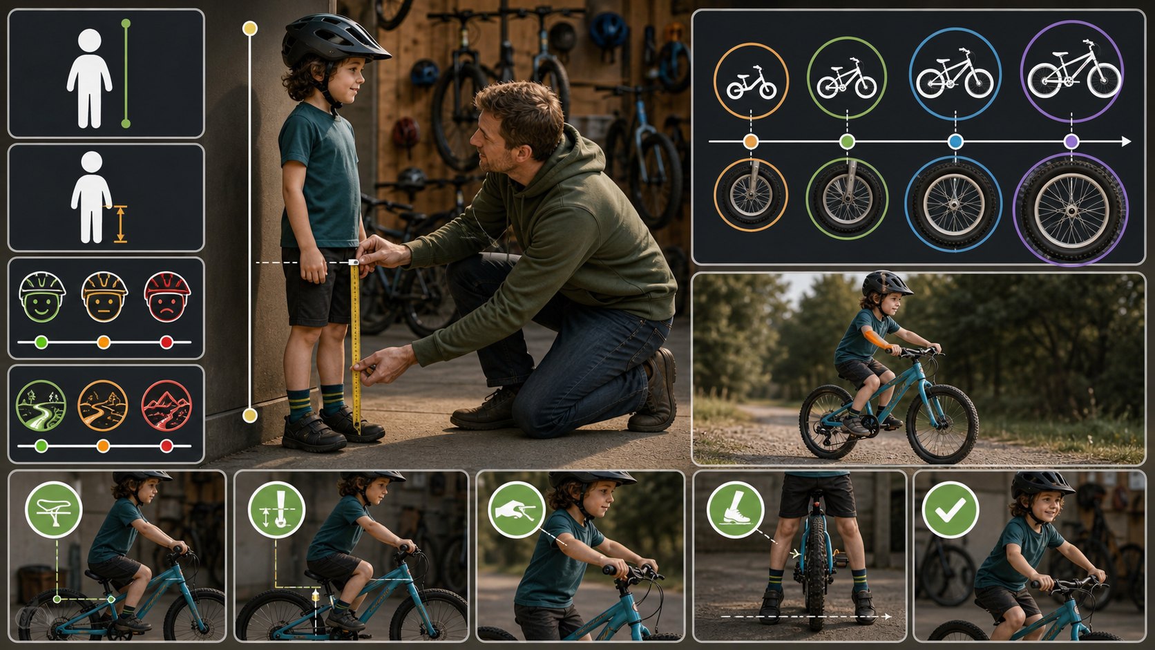 Kids bike size calculator visual showing child height, inseam, confidence, wheel-size options, ground contact, and brake reach.