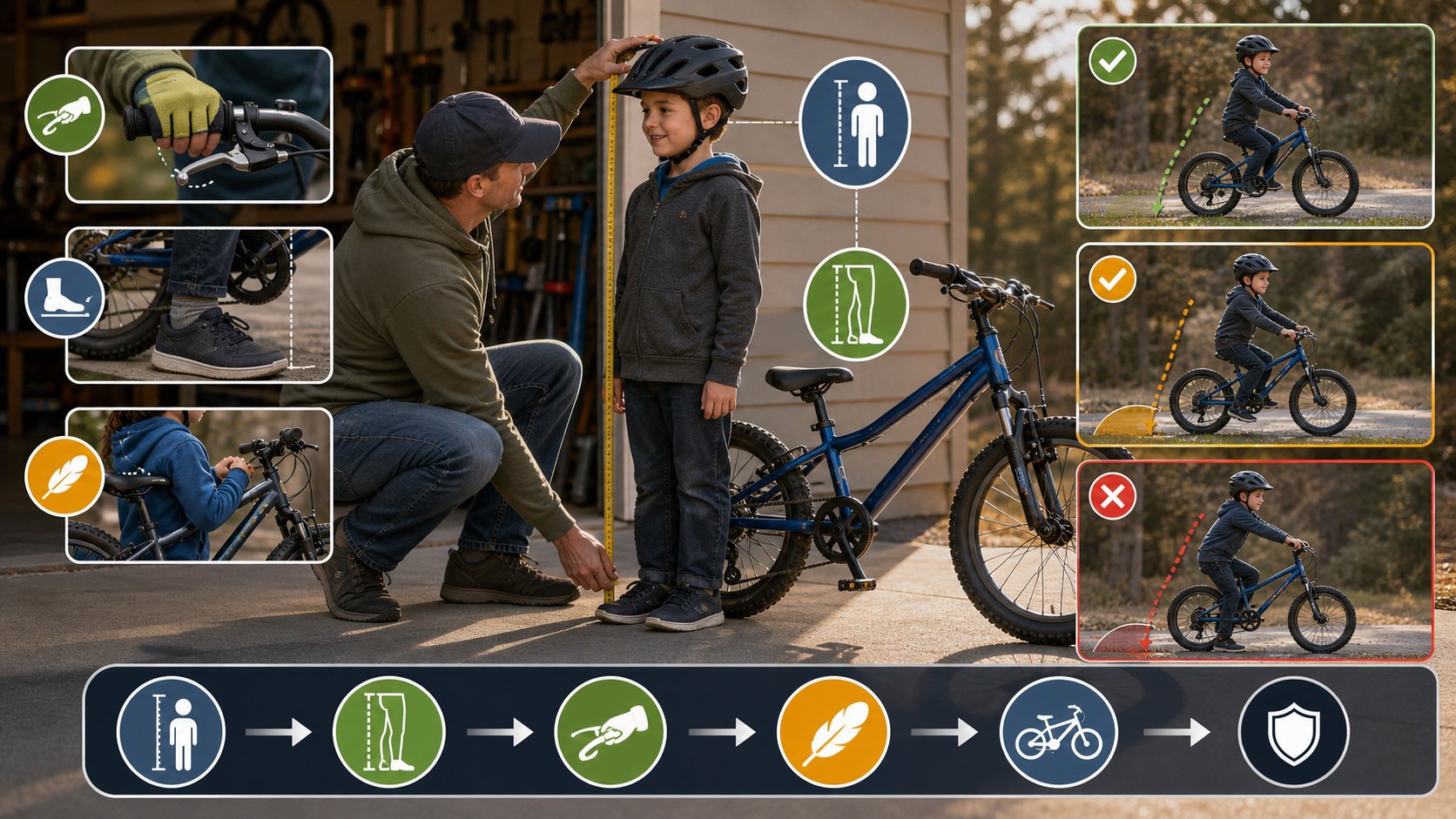 Kids bike sizing visual showing child height, inseam, ground contact, brake reach, confidence, and wheel-size choices.