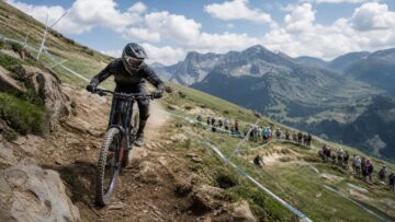 A generic downhill mountain biker on a rocky alpine race course