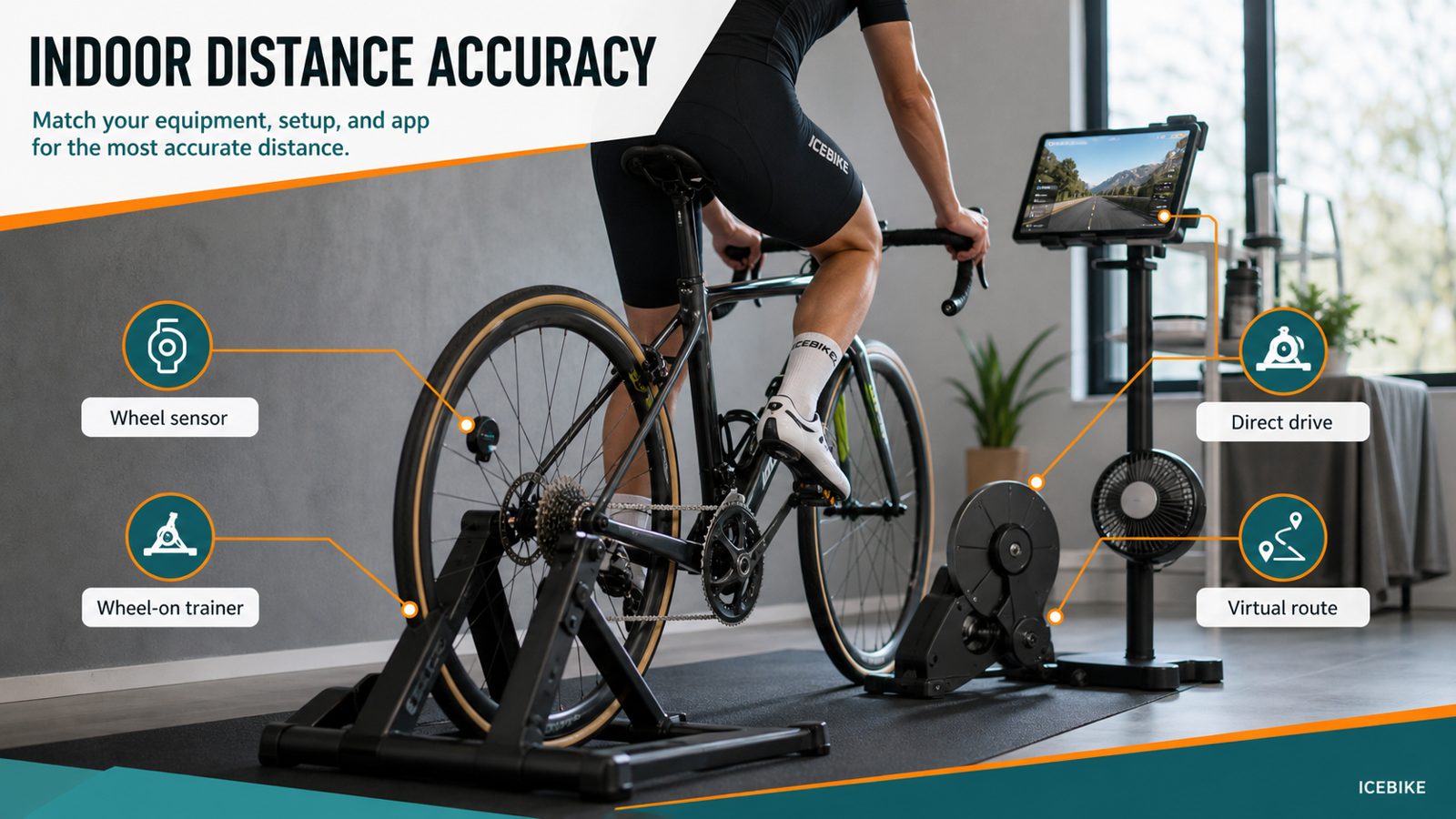 Indoor bike trainer distance accuracy visual showing wheel sensor, wheel-on trainer, direct drive trainer, and virtual app distance.