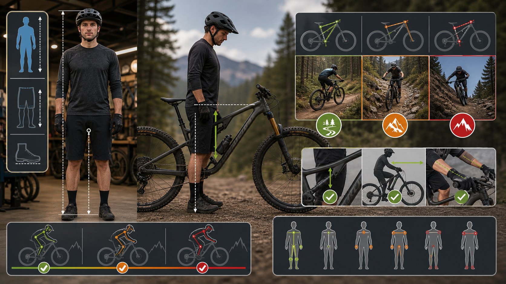 Mountain bike sizing visual showing rider height, inseam, standover clearance, reach, and trail style fit checks.