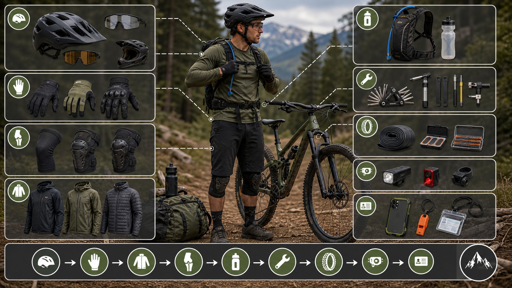 Mountain biking gear visual showing helmet, gloves, hydration, repair kit, pump, multitool, pads, weather layer, phone, and ID.