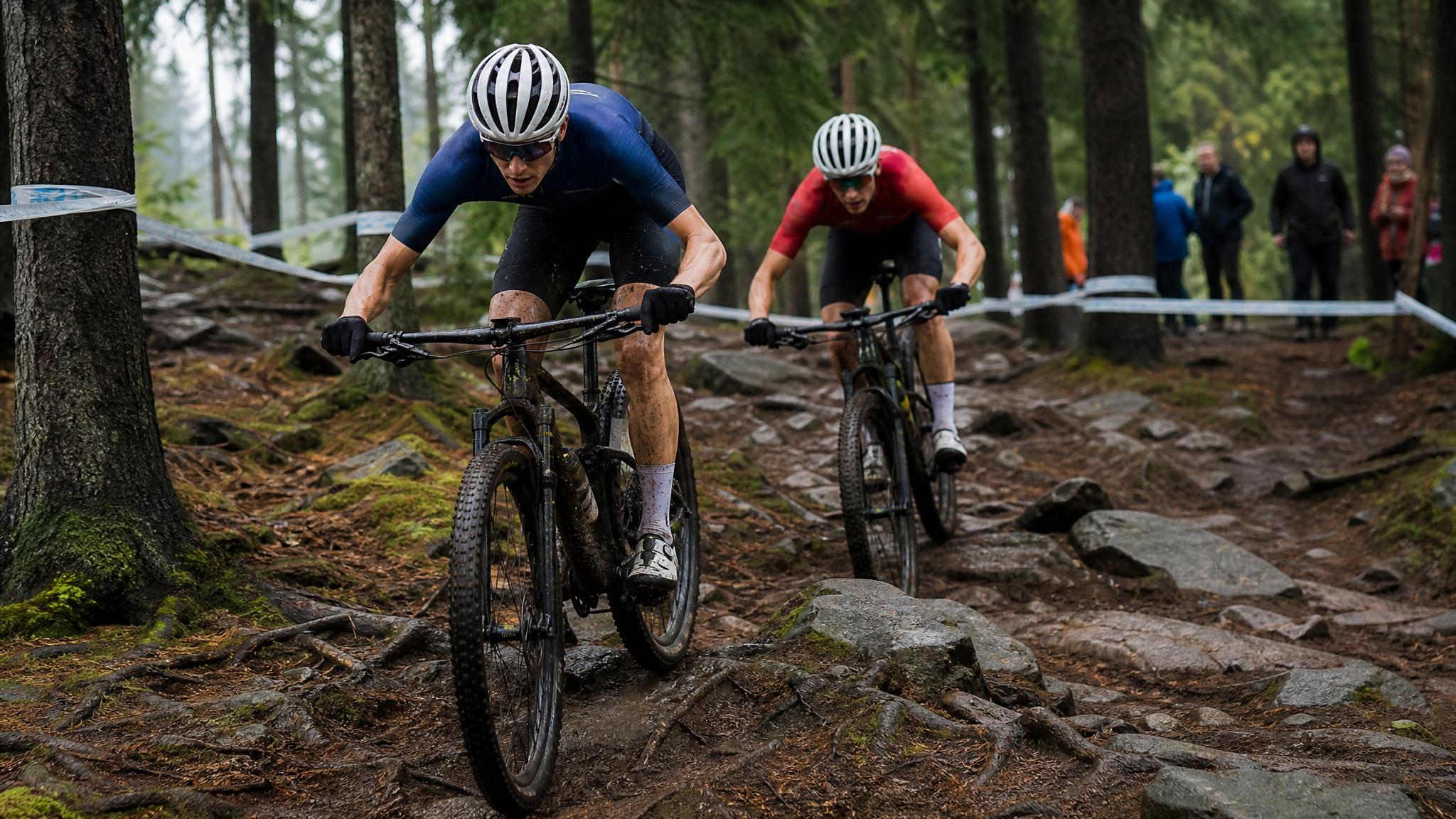 Two mountain bikers racing through a technical forest trail