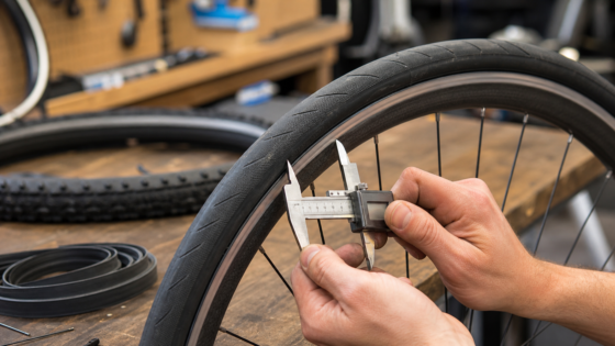 Bicycle wheel and tire being measured with calipers on a workshop bench.
