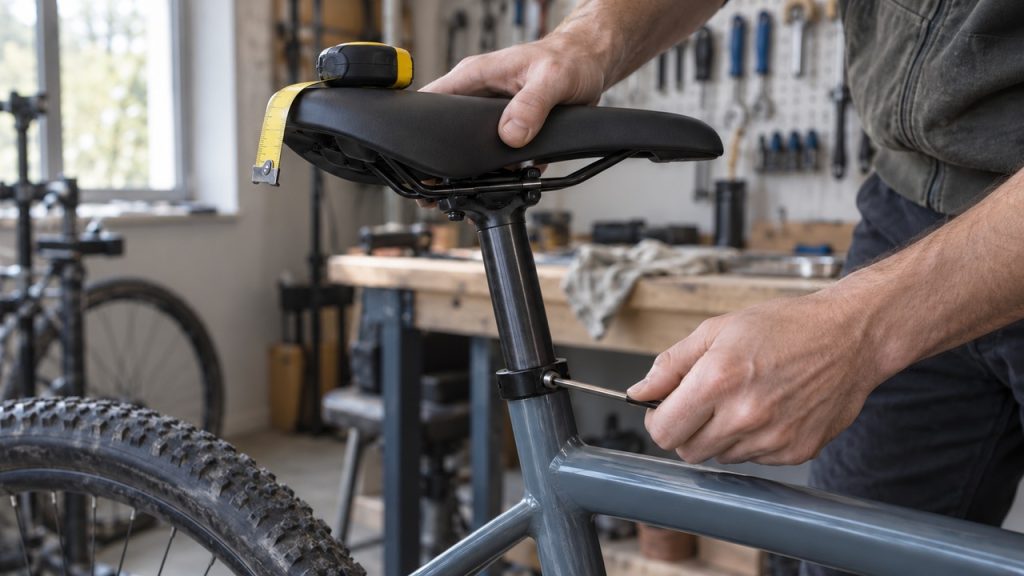 Hands adjust a seatpost clamp with a hex key while a tape measure rests on the saddle.