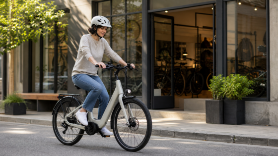 A generic commuter e-bike test ride outside a neighborhood bike shop