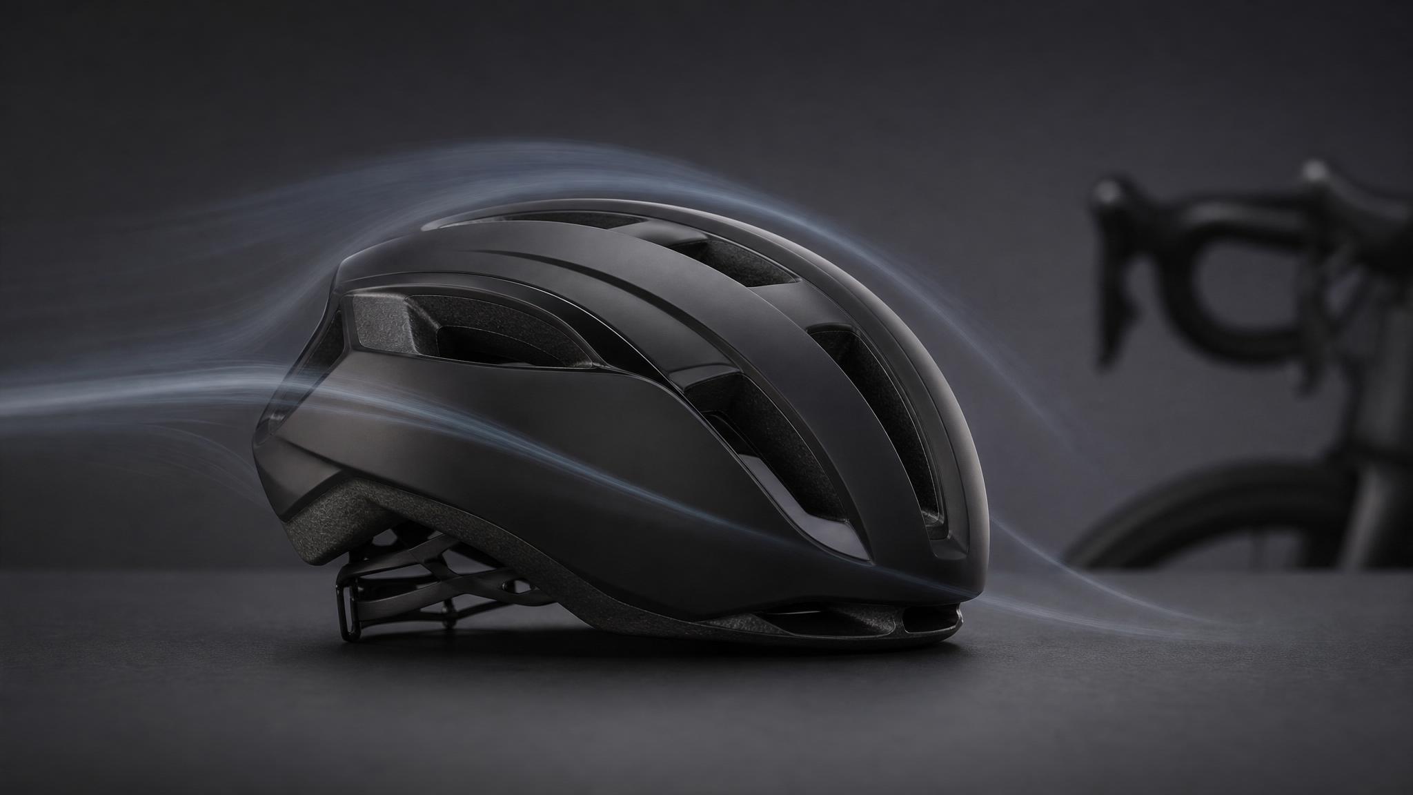 A generic black aero road helmet in a studio airflow scene