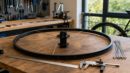 Bicycle wheel being built with spokes, hub, rim, ruler, and calipers on a workshop bench.