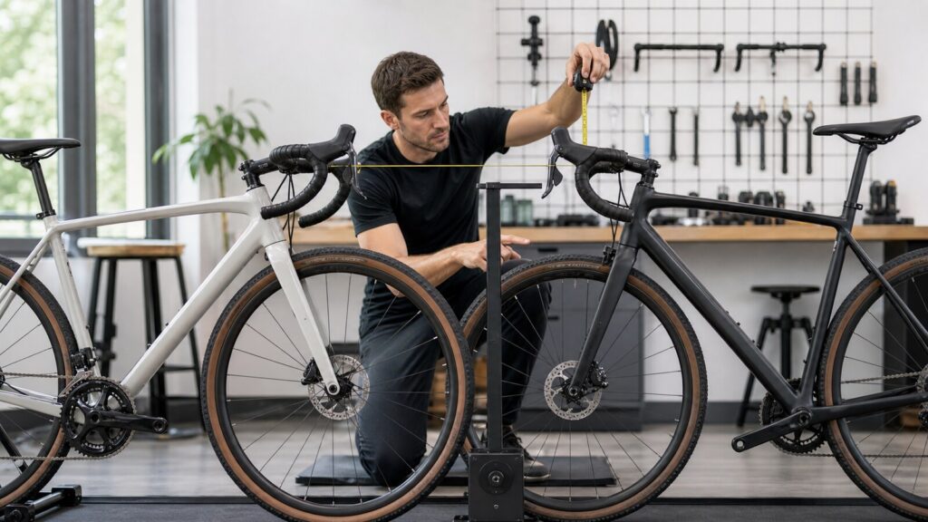 Bike fitter comparing the stack and reach of two bicycle frames.