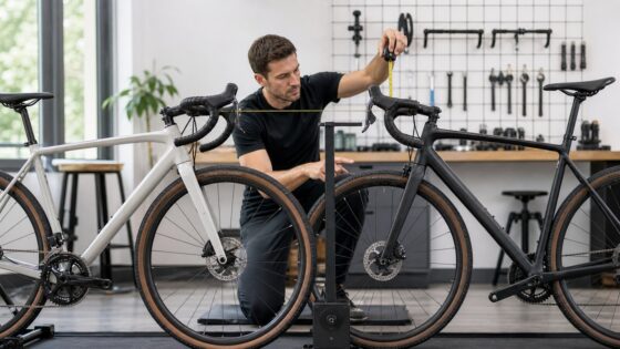 Bike fitter comparing the stack and reach of two bicycle frames.