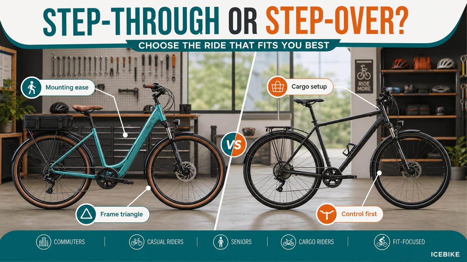 Step-through versus step-over bike comparison matrix for mounting, cargo, frame space, and control.