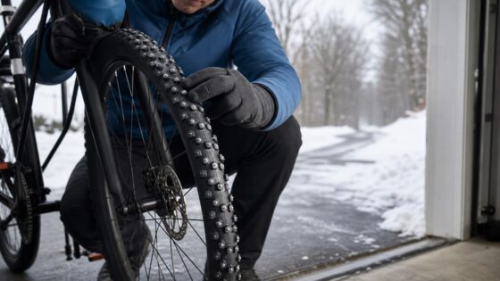 Studded winter bike tire on icy pavement before a cold-weather ride.