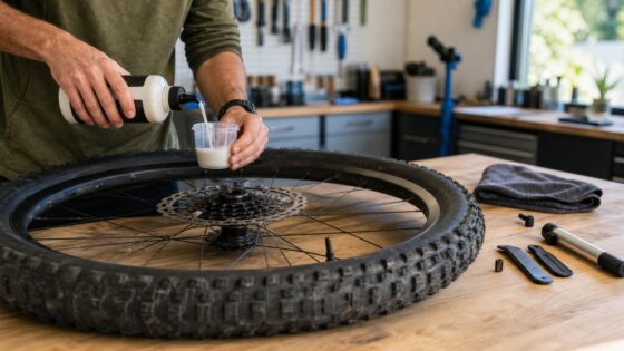 Cyclist adding tubeless sealant to a bike tire during maintenance.