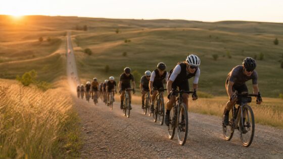 Generic gravel cyclists riding through rolling prairie at sunrise