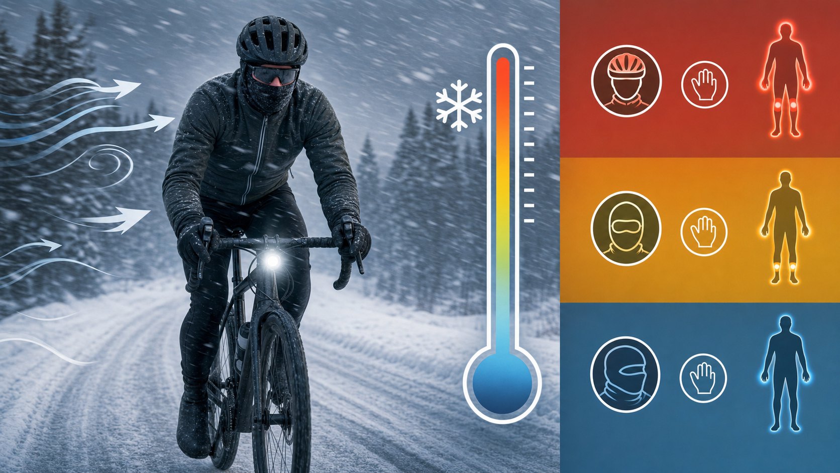 Winter cyclist riding into wind with thermometer and color risk zones for wind chill exposure.