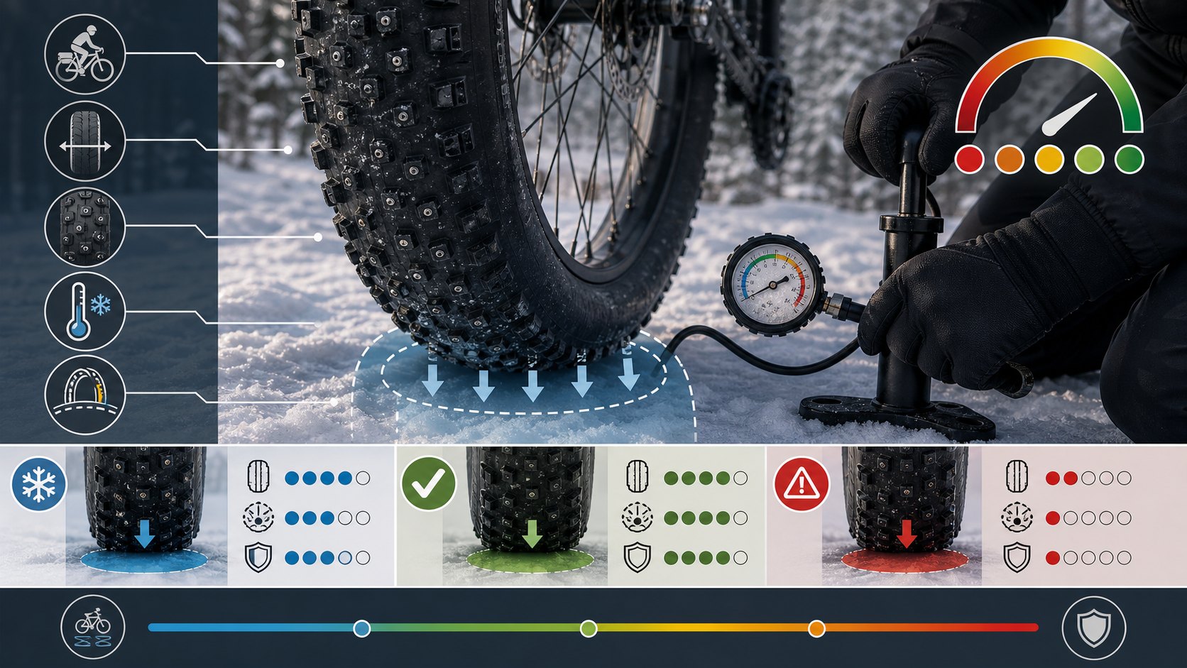 Winter bicycle tire pressure planning visual with snow contact patch, gauge, traction, load, studs, and rim protection icons.