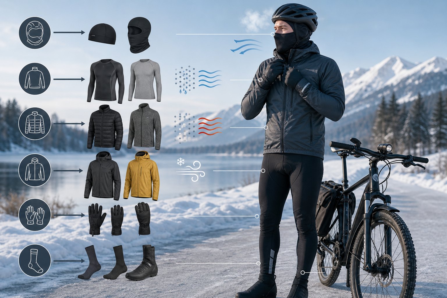 Winter cyclist with base layers, insulating jackets, gloves, socks, boots, and windproof outerwear arranged by body zone.