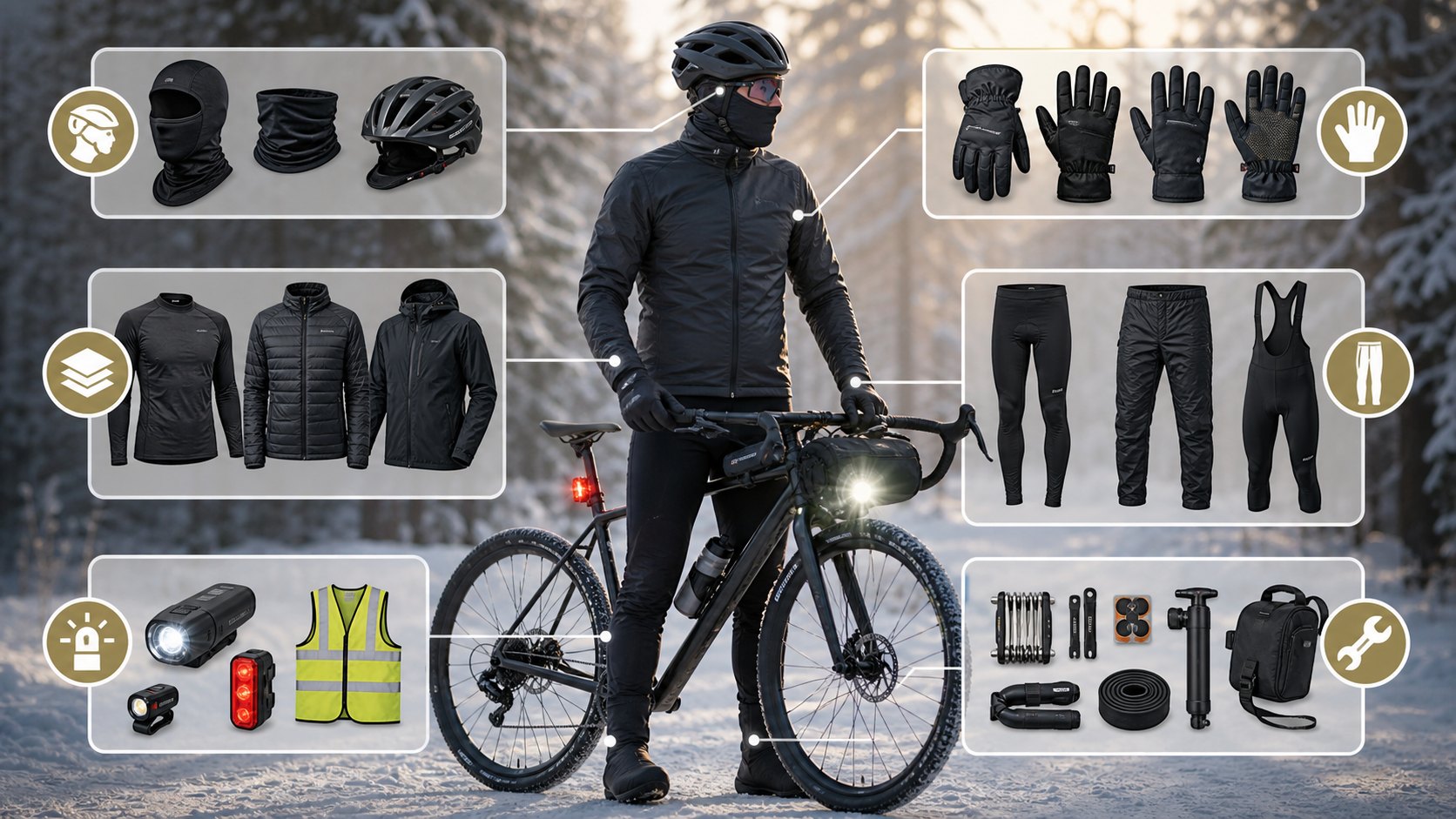 Winter cyclist with helmet, lights, gloves, layers, repair kit, visibility vest, and cold-weather riding gear.