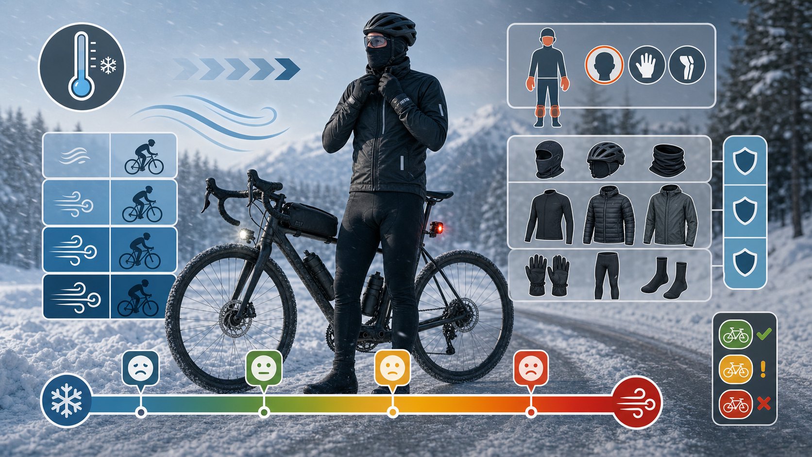 Winter cyclist checking wind chill conditions with thermometer, wind arrows, clothing coverage, and ride decision icons.