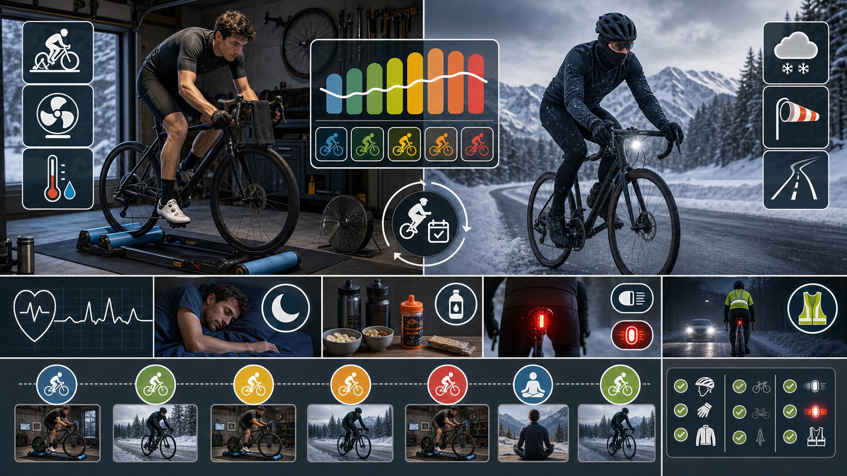 Winter road bike training visual showing indoor rollers, outdoor cold ride, training blocks, recovery, lights, and weather checks.