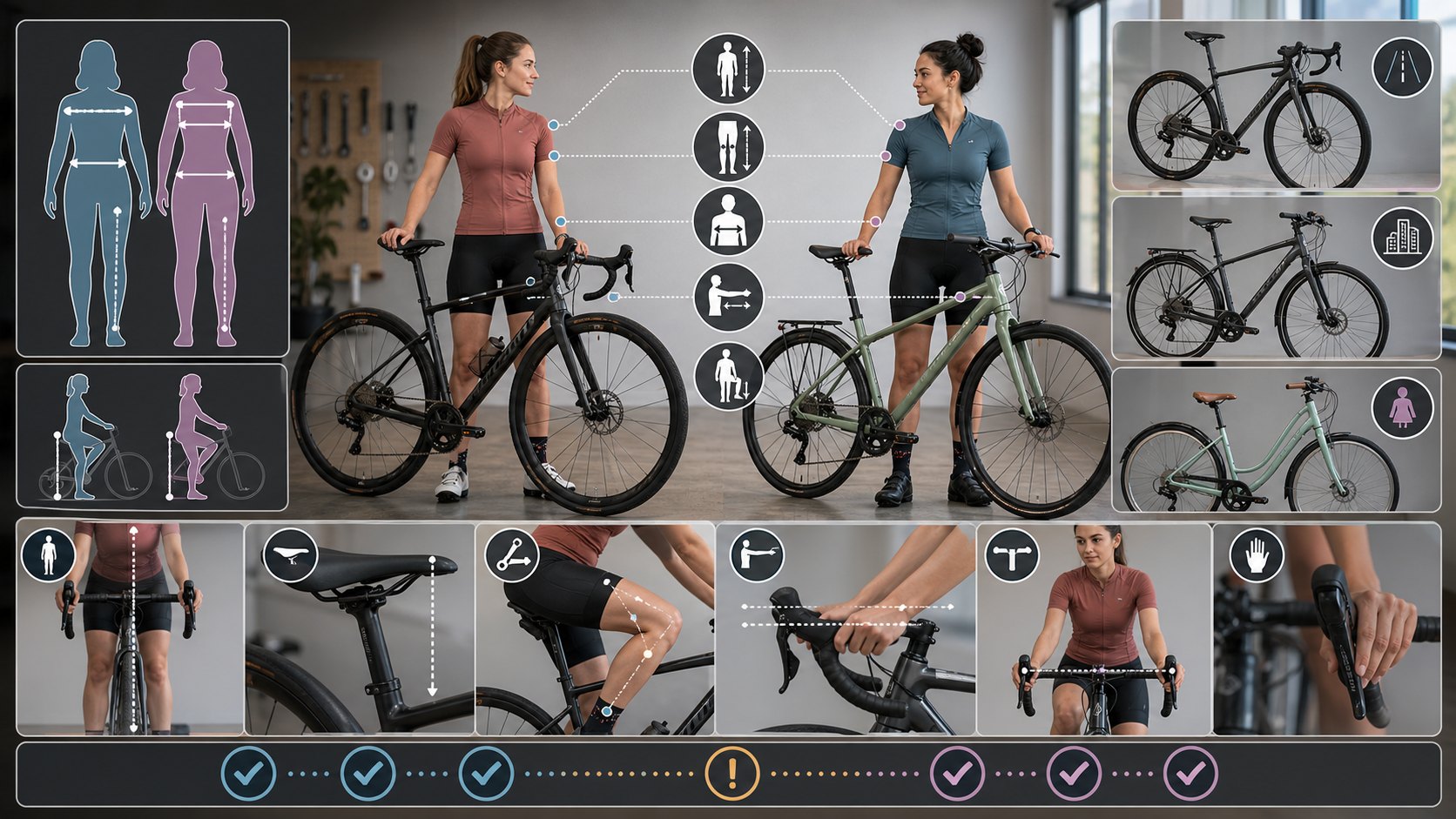 Women's bike sizing visual showing height, inseam, reach, shoulder width, saddle position, and bike type fit checks.
