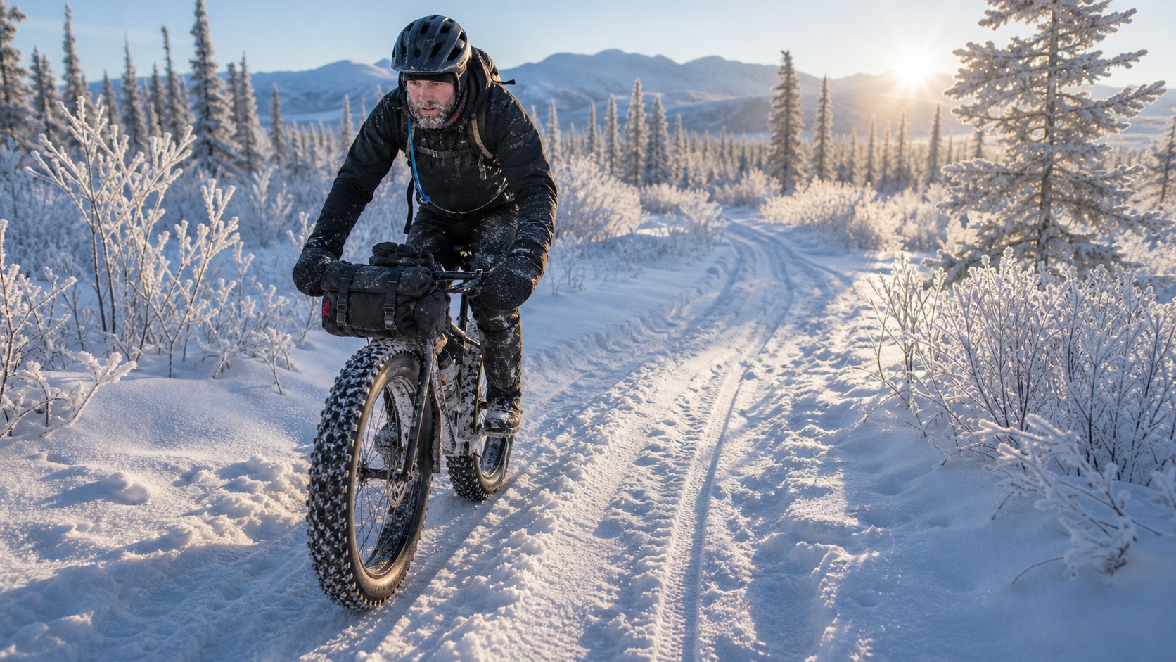 Fat bike rider on a snowy winter trail with packed snow, low sun, frosty trees, and visible tire tracks.