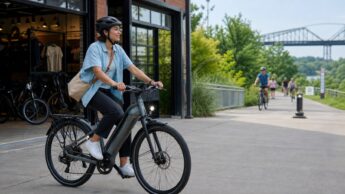 A helmeted rider on a city e-bike near a bike shop and greenway.