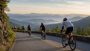 Road cyclists riding a mountain road with Blue Ridge-style ridgelines in the background.