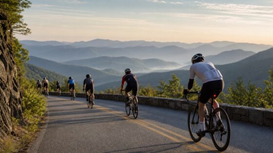 Road cyclists riding a mountain road with Blue Ridge-style ridgelines in the background.