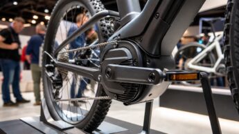 A close-up of an unbranded e-bike mid-drive motor on a trade show display bike.