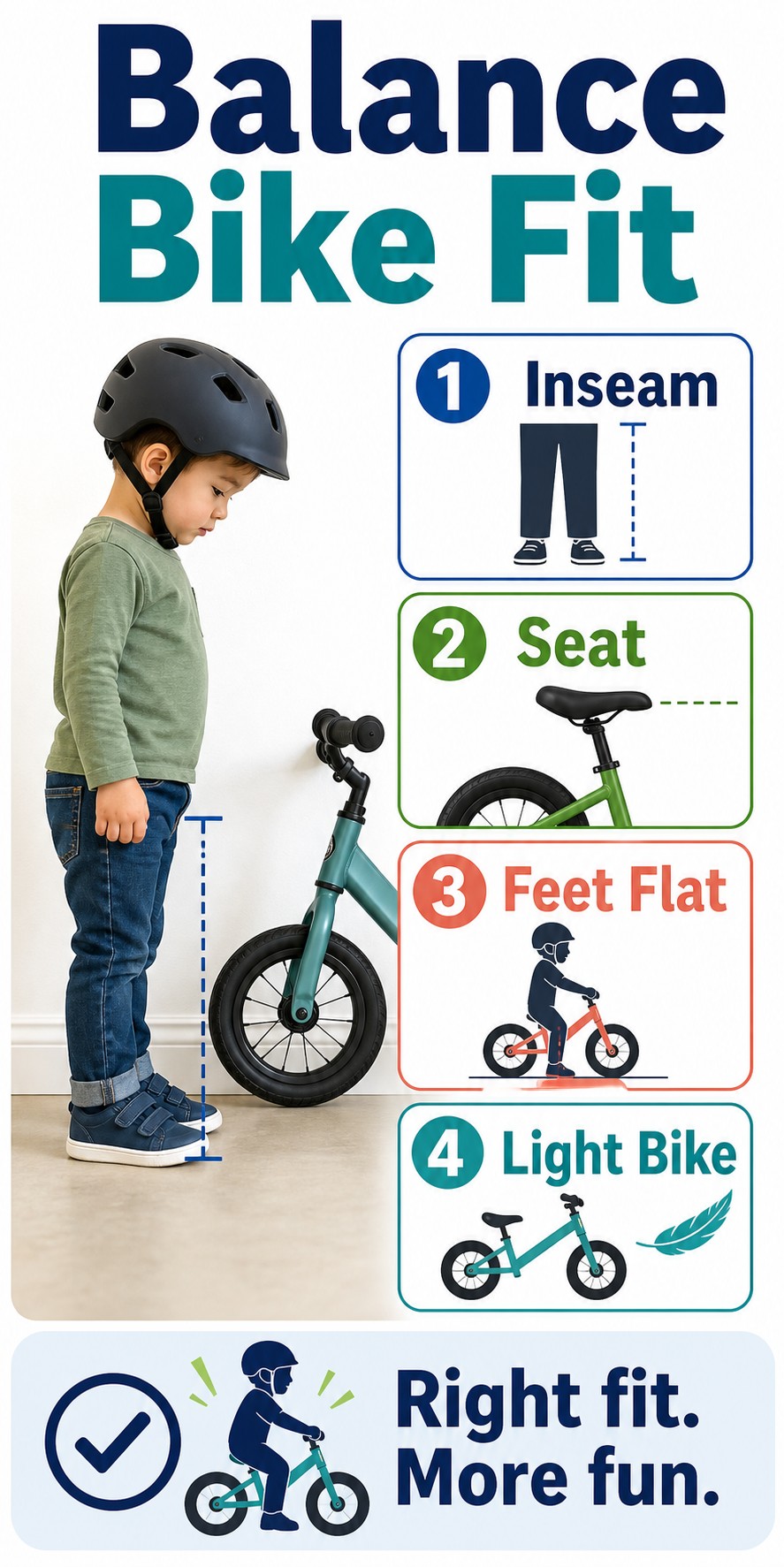 Vertical balance bike size chart showing inseam, seat height, wheel size, and fit check.
