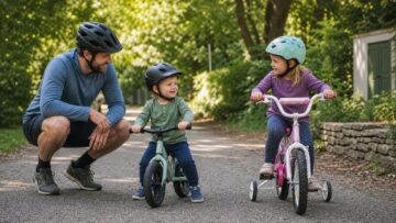 A child rides a balance bike beside another small bike with training wheels.