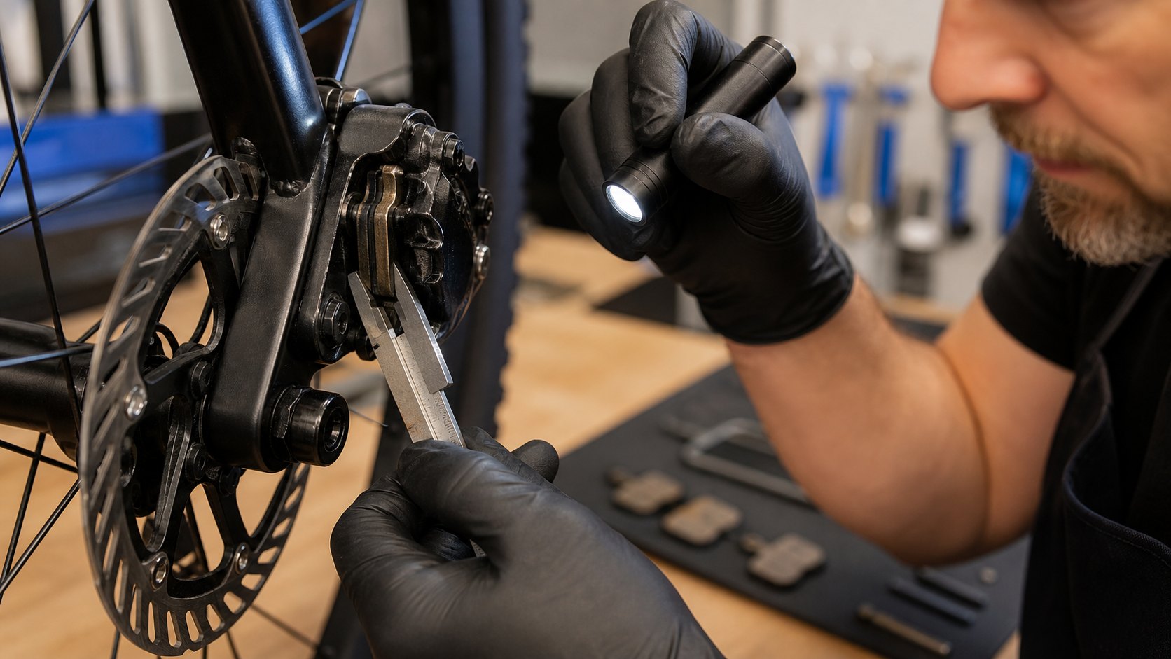 Mechanic inspecting bicycle disc brake pads and rotor with a small light.