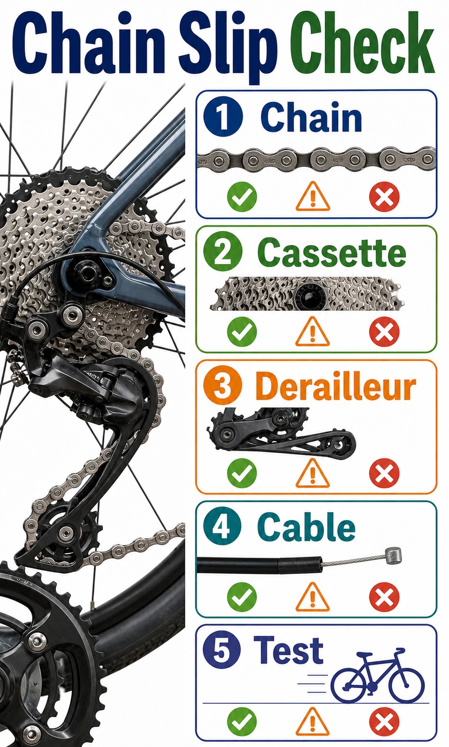 Vertical infographic showing bike chain slipping diagnosis: chain, cassette, derailleur, cable, and test ride.