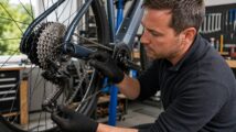 A cyclist inspects a bicycle chain and rear cassette in a workshop.
