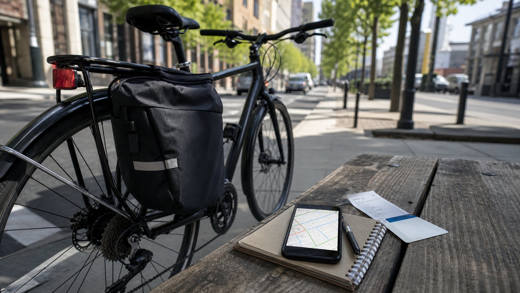 Urban commuter bike with route-planning items for estimating bike commute savings.
