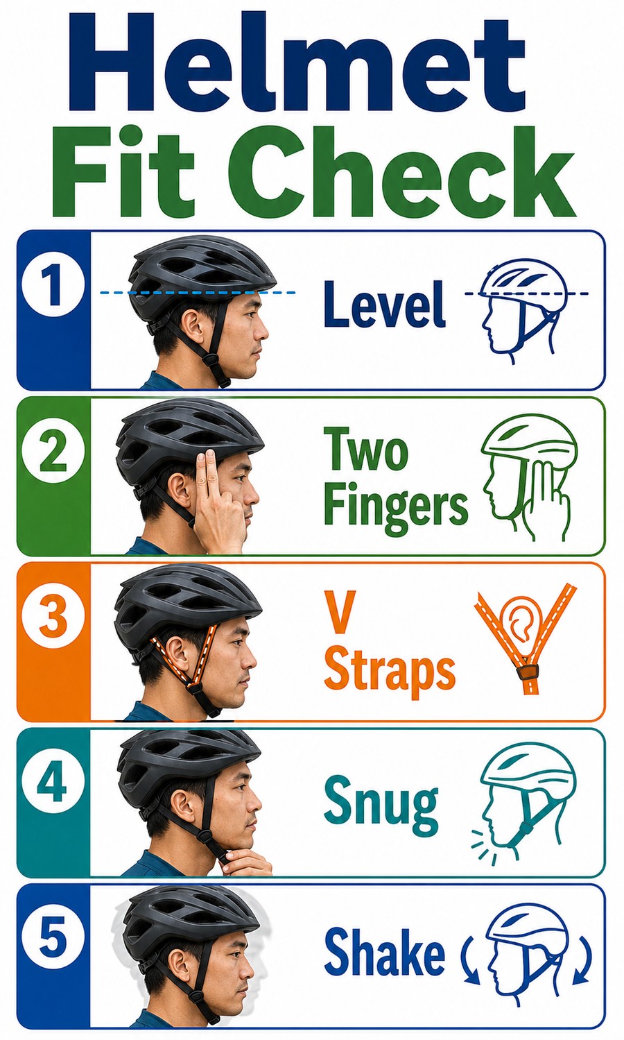 Vertical infographic showing bicycle helmet fit checks for level position, two fingers, V straps, snug buckle, and shake test.