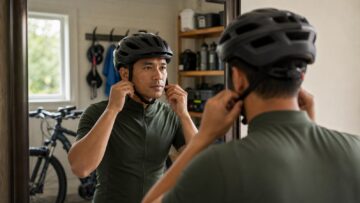A cyclist adjusts a bicycle helmet strap before a ride.