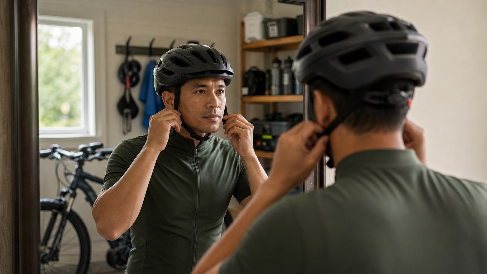 A cyclist adjusts a bicycle helmet strap before a ride.
