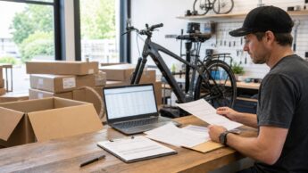 A bike shop receiving area with shipping boxes, paperwork, a laptop, and an e-bike on a work stand.