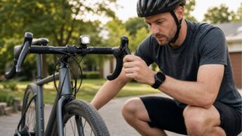 A helmeted rider checks a bicycle brake lever and front light before a ride.