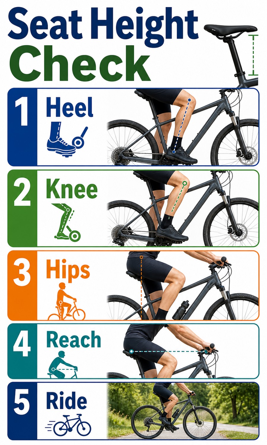 Vertical infographic showing bike seat height checks: heel test, knee bend, hip rock, reach, and test ride.
