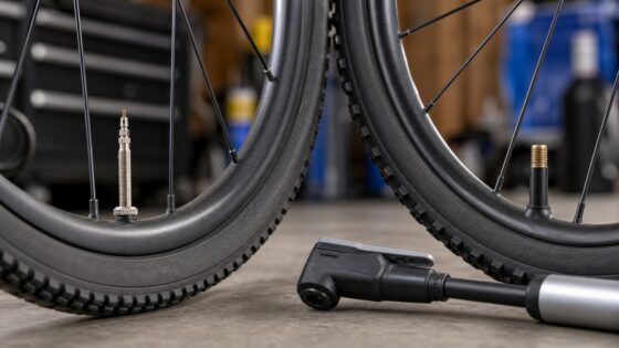 Three bicycle wheels showing Presta, Schrader, and Dunlop style valve stems.