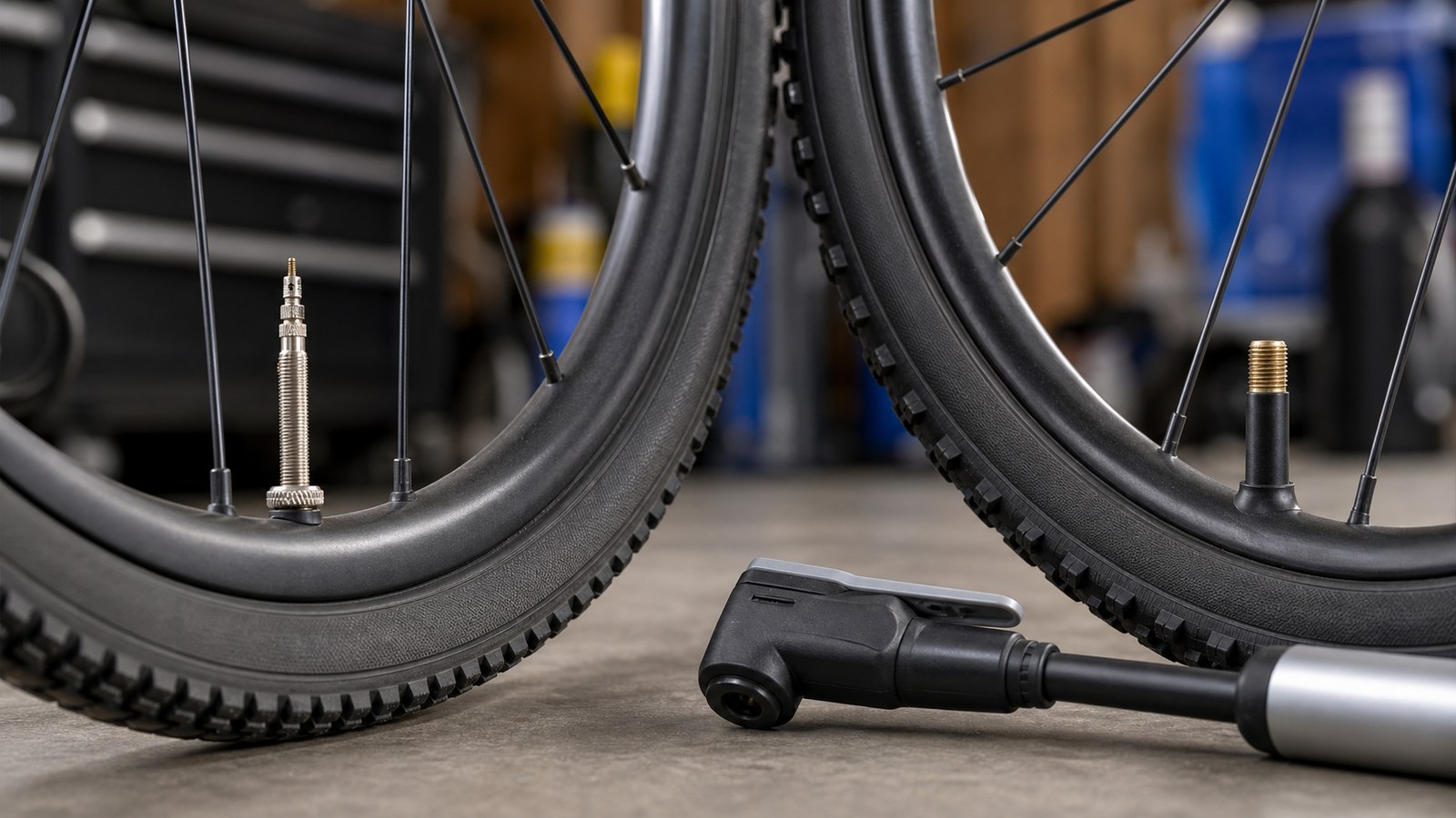 Three bicycle wheels showing Presta, Schrader, and Dunlop style valve stems.