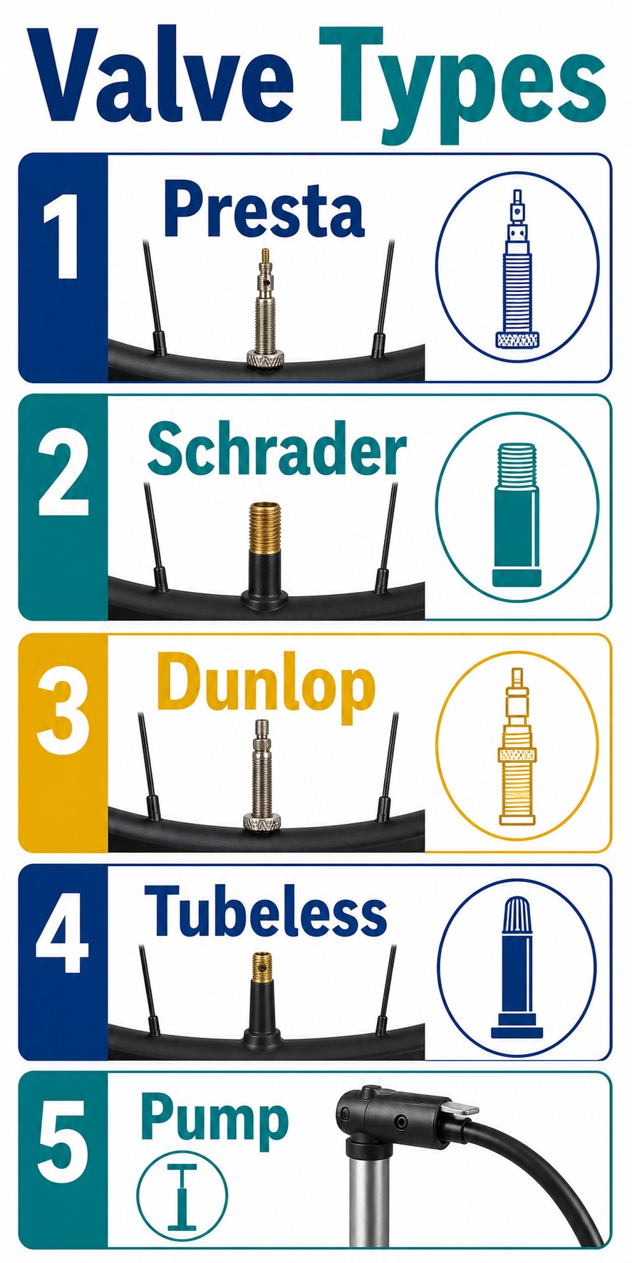 Vertical infographic comparing Presta, Schrader, Dunlop, tubeless valves, and pump fit.