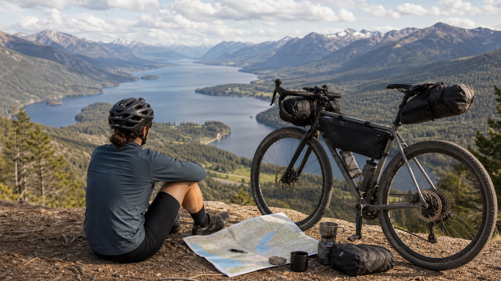 Bikepacking cyclist at a scenic overlook with loaded bike and route-planning items.