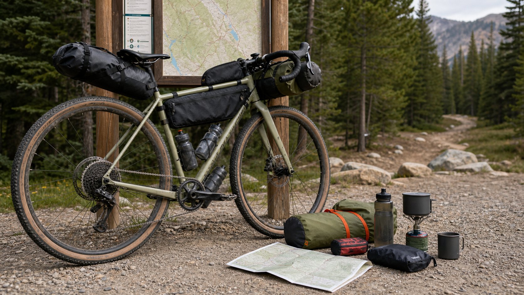 Loaded gravel bike at a trailhead with bikepacking bags, camping gear, water, and route-planning items.