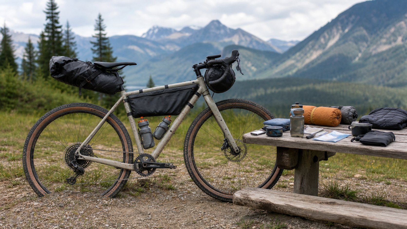 Bikepacking bike with frame bag, handlebar roll, seat pack, bottles, and gear laid out for load planning.