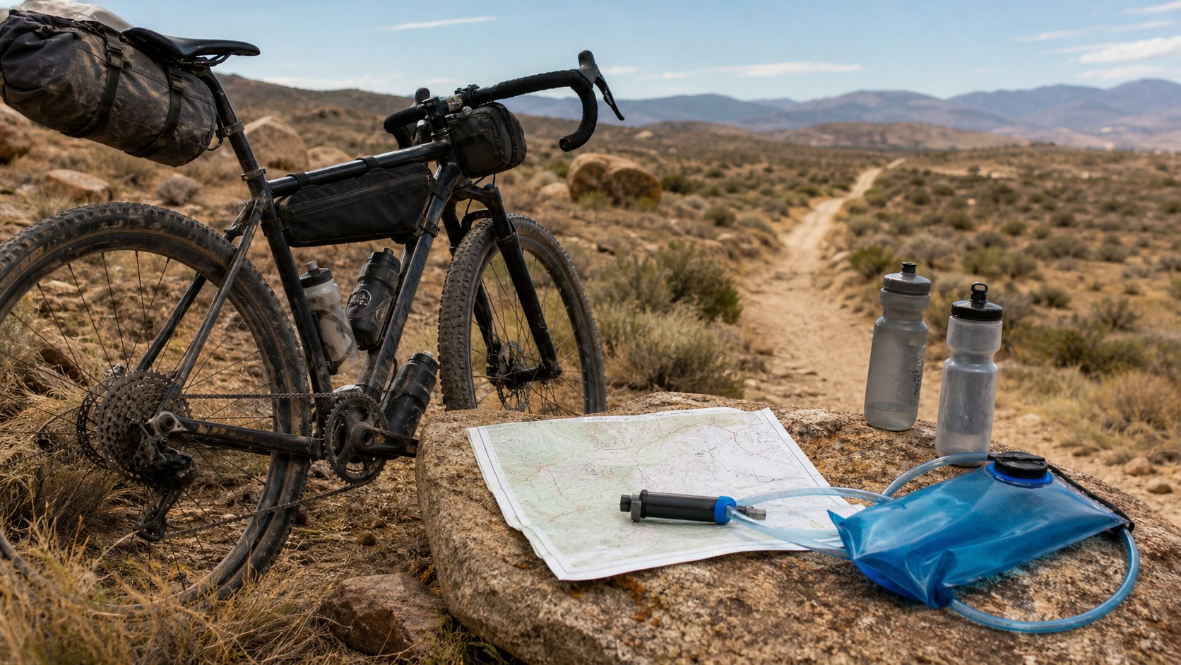 Bikepacking bike on a dry trail with bottles, hydration bladder, filter, and route map for water planning.